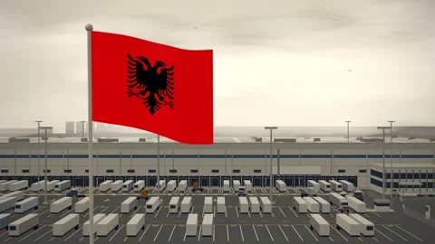 Albania Flag Flying Over Logistics Warehouse Distribution Centre seamless loop Stock Footage 345305601