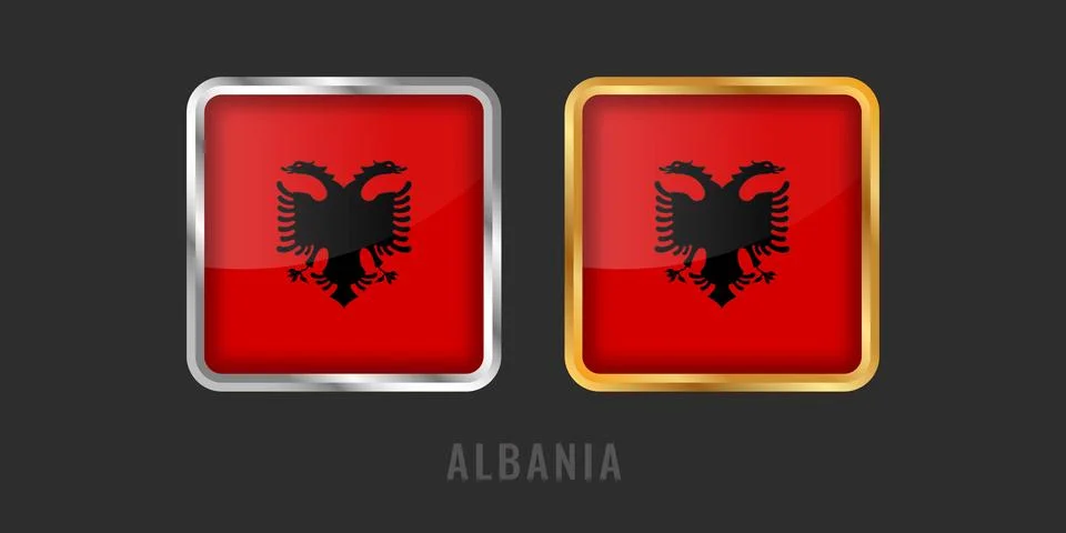 Albania Flag Square Button Set in Gold and Silver Metallic Frames Stock Illustration
