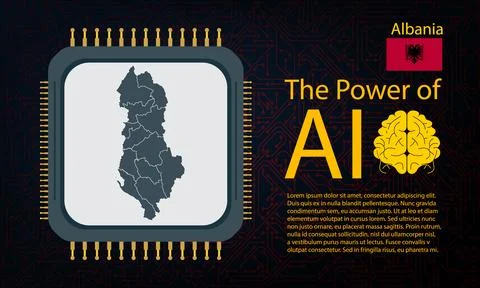 Albania map with microchip war and AI concept on circuit board, Power of AI.. Stock Illustration