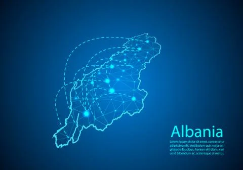 Albania map with nodes linked by lines. concept of global communication and b Stock Illustration