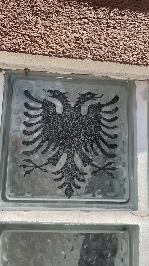 Albanian eagle emblem placed on a glass surface, detailed macro shot Stock Footage 199593758