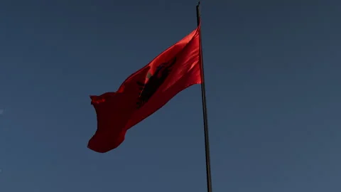 Albanian Flag With Black Double Headed Eagle Waving Against Blue Sky Stock Footage 346481810