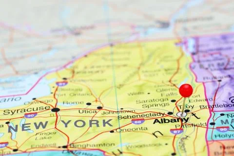 Albany pinned on a map of USA Stock Photos