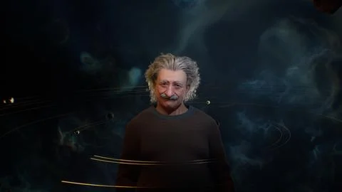 Albert Einstein, conceptual video, a scientist in outer space among nebulae Stock Illustration