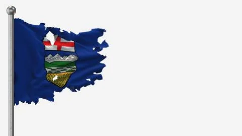 Alberta 3D tattered waving flag illustration on Flagpole. Isolated on white b Stock Illustration