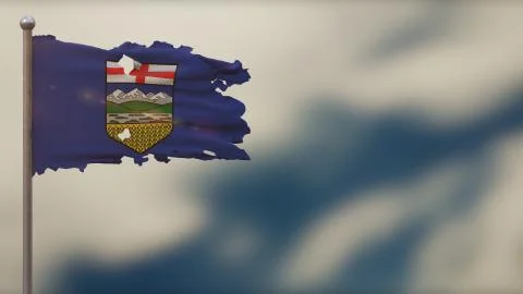Alberta 3D tattered waving flag illustration on Flagpole. Stock Illustration