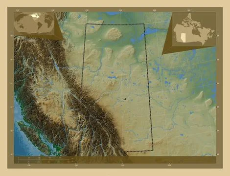 Alberta, Canada. Colored elevation map with lakes and rivers Stock Illustration