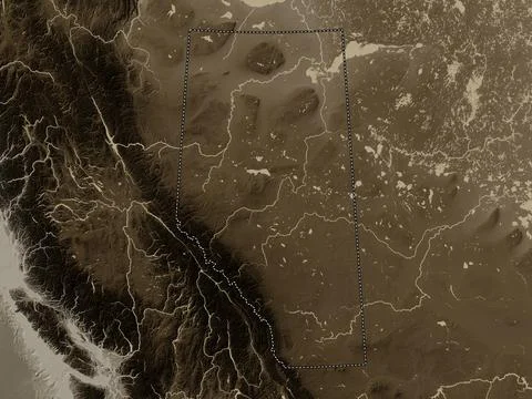 Alberta, Canada. Elevation map colored in sepia tones with lakes and rivers Stock Illustration