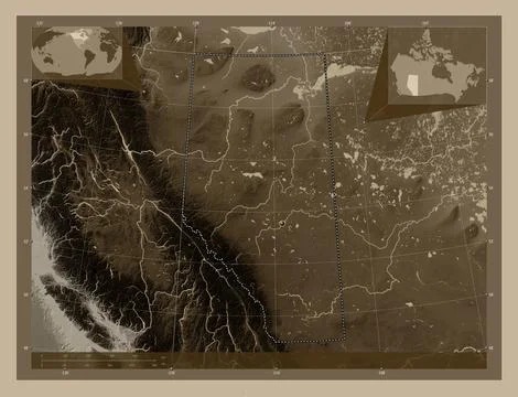 Alberta, Canada. Elevation map colored in sepia tones with lakes and rivers Stock Illustration