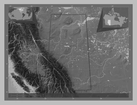 Alberta, Canada. Grayscale elevation map with lakes and rivers Stock Illustration