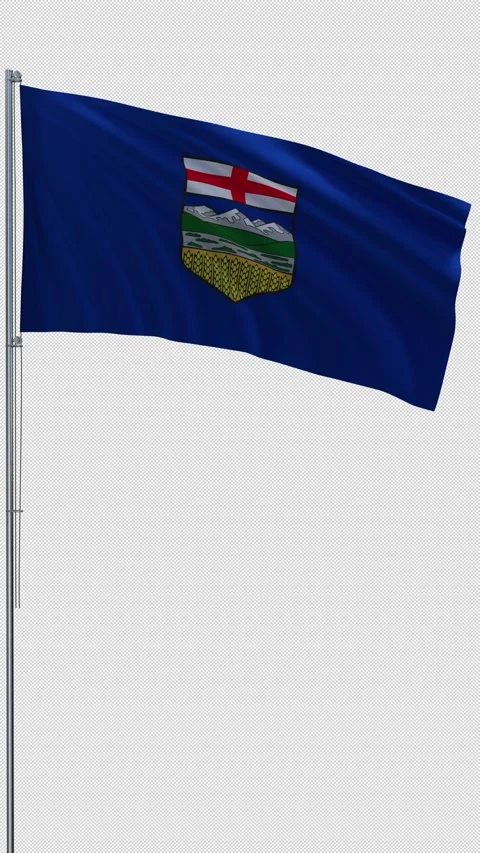 Alberta flag waving on metal flagpole vertical video transparent background 3D Stock Footage 335930406