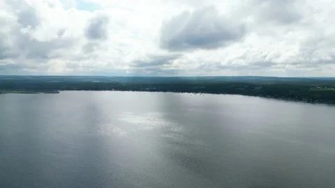 Alberta Overcast Flight over Lake Wabamun towards Seba Beach Stock Footage 201778886