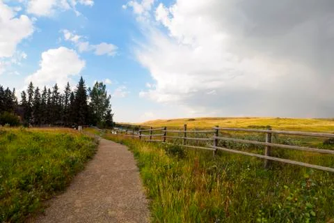 Alberta Ranch pathway with a rain cloud blowing into the blue sky Stock Photos