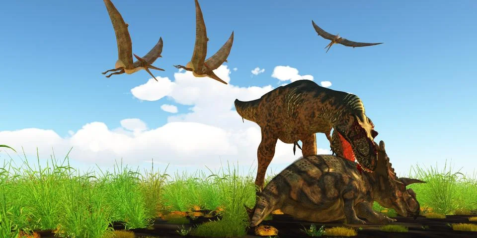Albertosaurus attacks Albertaceratops Stock Illustration