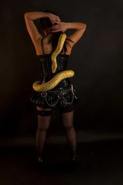 Albino molur python with a dark goth brunette girl Stock Photos