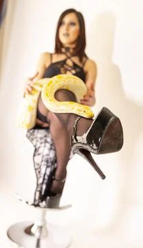 Albino moluro python on legs of dark goth brunette girl with high heels fetis Stock Photos
