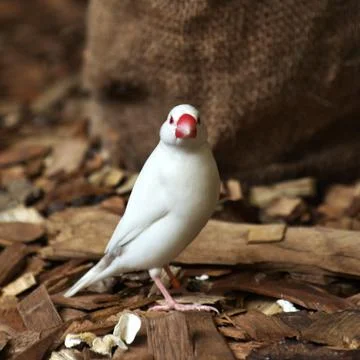 Albino (white) java sparrow bird perched on a wood chips in greenhouse Stock Photos