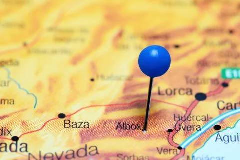 Albox pinned on a map of Spain Stock Photos