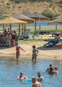 Albufeira do azibo river beach landscape, portugal Stock Photos