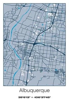 Albuquerque, New Mexico - vector map of city in Blue, Gray, Yellow, Olive colors Stock Illustration
