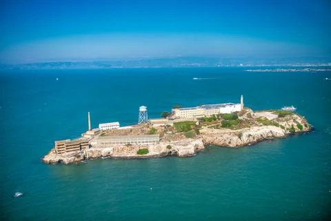 Alcatraz Island and Prison, aerial view from helicopter on a clear sunny day. Stock Photos
