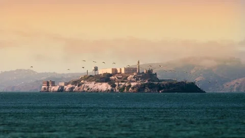 Alcatraz Prison at sunset, featuring flying birds and a smooth camera movem.. Stock Footage 255592902