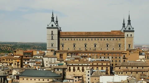 Alcazar castle and view over the roofs of the city of Toledo, Spain Stock Footage 68387136