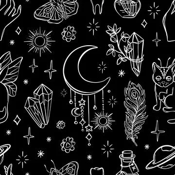 ALCHEMIC ELEMENTS Monochrome Witchcraft Seamless Pattern Illustrazione stock