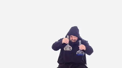 Alchemic with two flasks chemical expriments white screen background Stock Footage 104920081