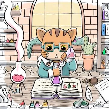 Alchemist Cat Brewing a Potion Stock Illustration