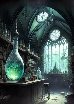 Alchemist laboratory, wizard's office, flask with elixir Stock Illustration