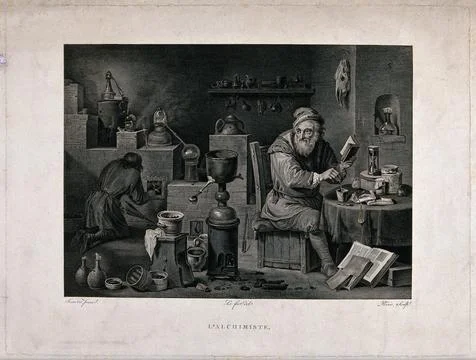 An alchemist seated at a table in his study; young man lighting a stove in .. 스톡 일러스트