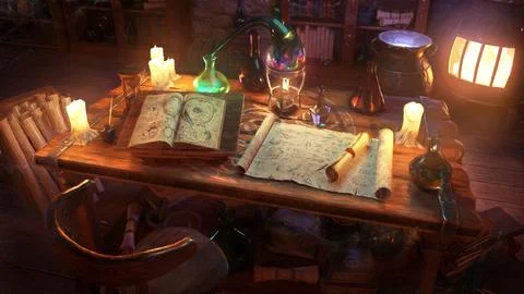 An alchemist's desk with a lot of objects, test tubes, flasks, books, scrolls Stock-Illustration
