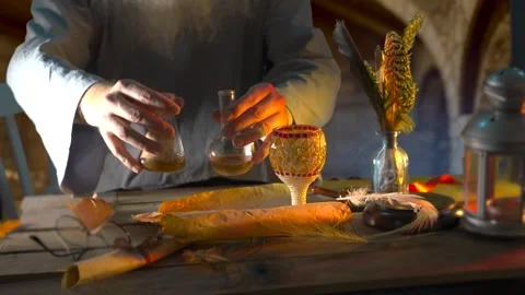 The alchemist's table and his hands in close-up Video stock 271604680