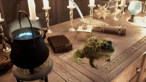On the alchemist's table is a green big toad and a pot of steaming potion. 3D Stock Illustration