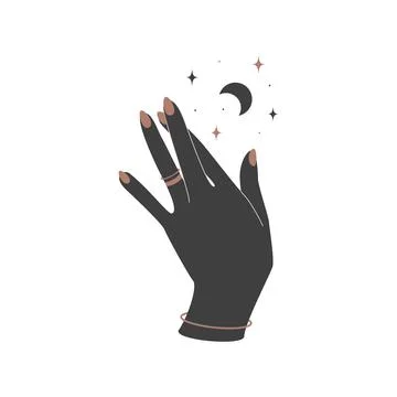 Alchemy esoteric magic celestial talisman with woman hand with rings and moon Stock Illustration