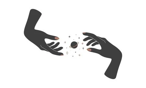 Alchemy esoteric magic celestial talisman with woman hands with rings and planet Stock Illustration