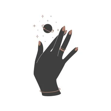 Alchemy esoteric mystical magic celestial talisman with woman hand with rings Stock Illustration