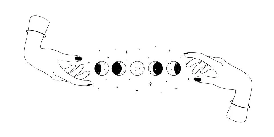 Alchemy esoteric mystical magic celestial symbol with human hands and moon cycle Stock Illustration