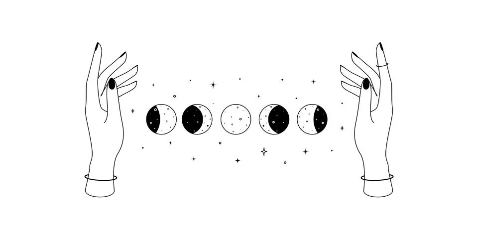 Alchemy esoteric mystical magic celestial symbol of woman hands and Moon phases Stock Illustration