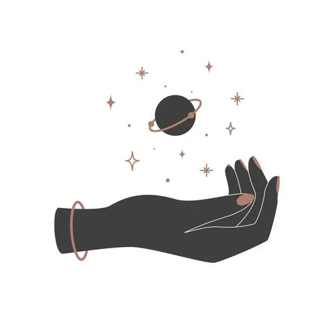 Alchemy esoteric mystical magic celestial talisman with woman hands and planet Ilustração Stock