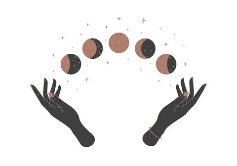 Alchemy mystical magic celestial talisman with woman hands and moon phases Stock Illustration