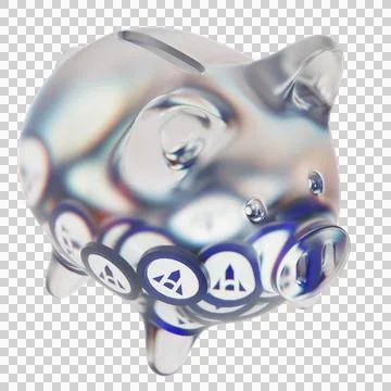 Alchemy Pay (ACH) Clear Glass piggy bank with decreasing piles of crypto coins 库存插图
