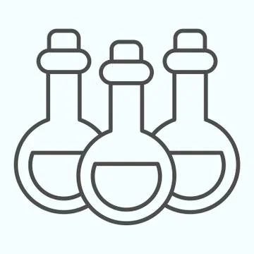 Alchemy potion cans thin line icon. Three glass bottles with poison. Halloween Stock Illustration