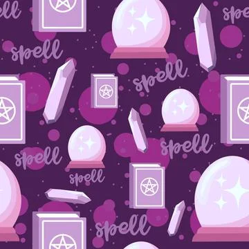 Alchemy seamless pattern with spell books, amethyst crystals and magic globe Stock Illustration