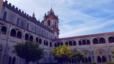 Alcobaça Monastery  Courtyard clip panning up to the towers Stock Footage 167362385