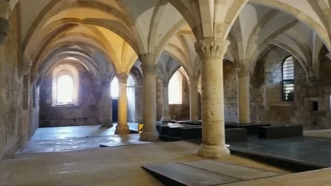 Alcobaça Monastery pan from left to right interior room Stock Footage 167362378
