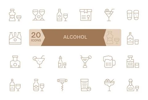 Alcohol 256x256 Vector Icon Pack with 24 Thin Line Detail Enhanced Elements Stock Illustration