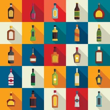 Alcohol bottle icons set, flat style Stock Illustration