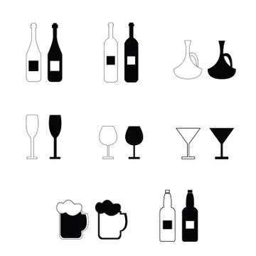 Alcohol bottles and glasses vector set Stock Illustration